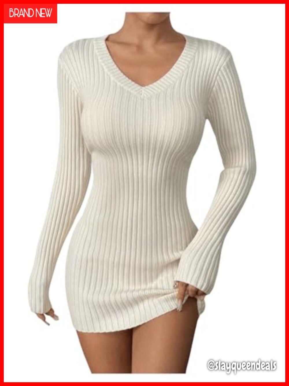 Ribbed Knit Bodycon Mini Sweater Dress V Neck Long Sleeve